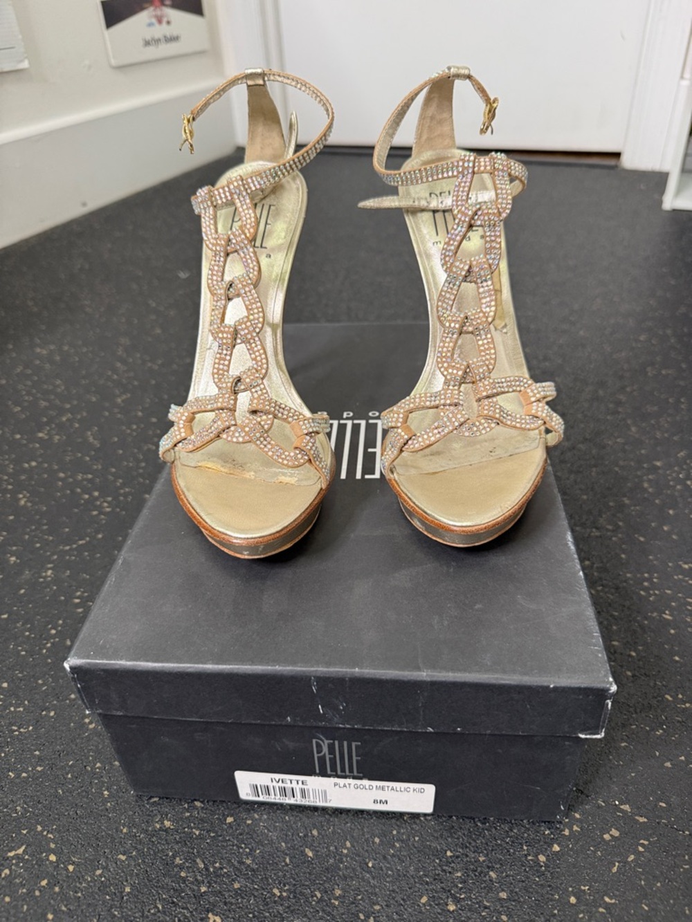 Pelle Ivette- Gold Metallic Crystal Chain T-Strap Heels